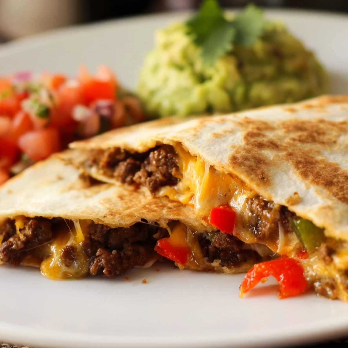 Melted cheese and savory beef filling inside crispy tortillas for classic Beef Quesadillas with Salsa and Guacamole.