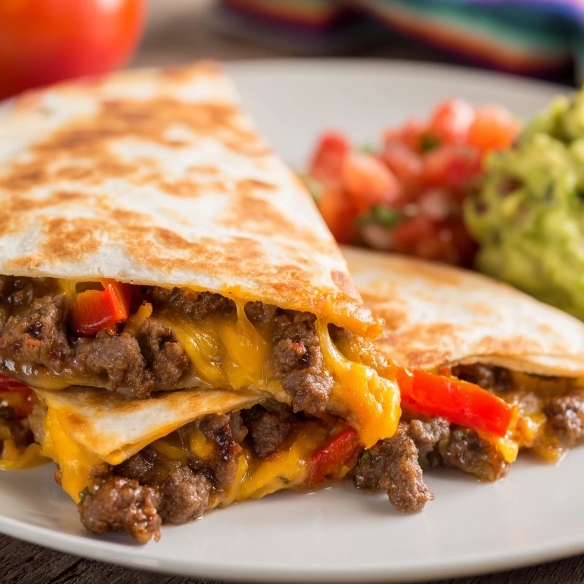 Freshly prepared Beef Quesadillas with Salsa and Guacamole served with lime wedges on a vibrant plate.