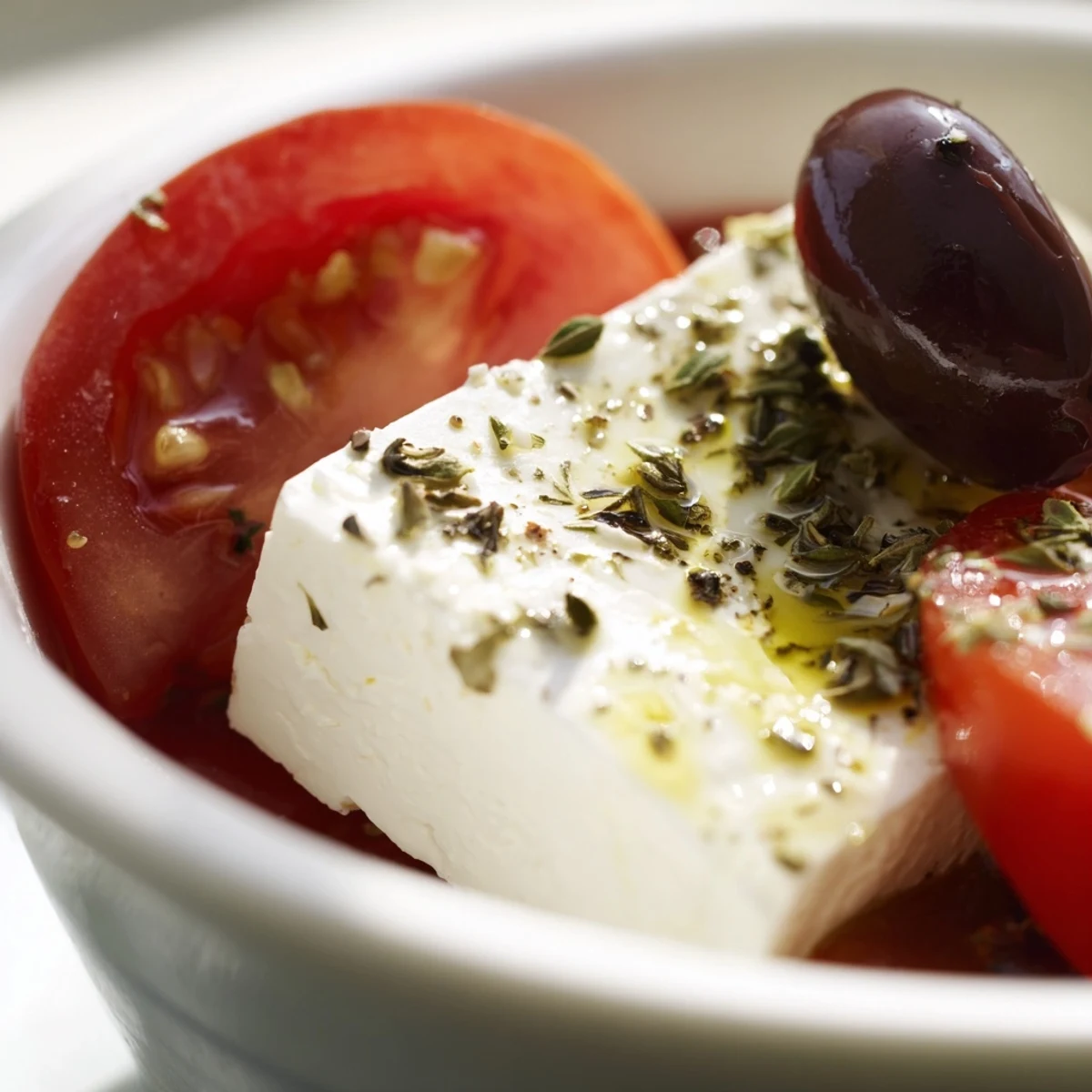 Fresh Greek salad with Kalamata olives and feta over ripe tomatoes and crisp cucumbers, drizzled with olive oil.