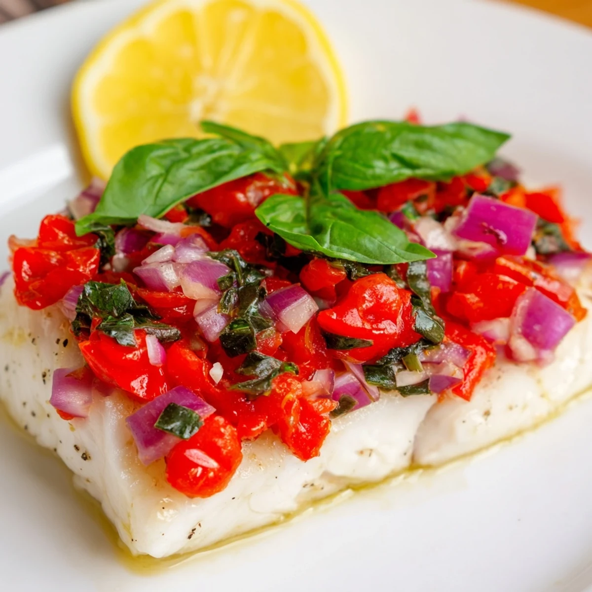 Golden-baked halibut with juicy tomato basil relish, garnished with fresh basil leaves and lemon rounds for a Mediterranean meal.