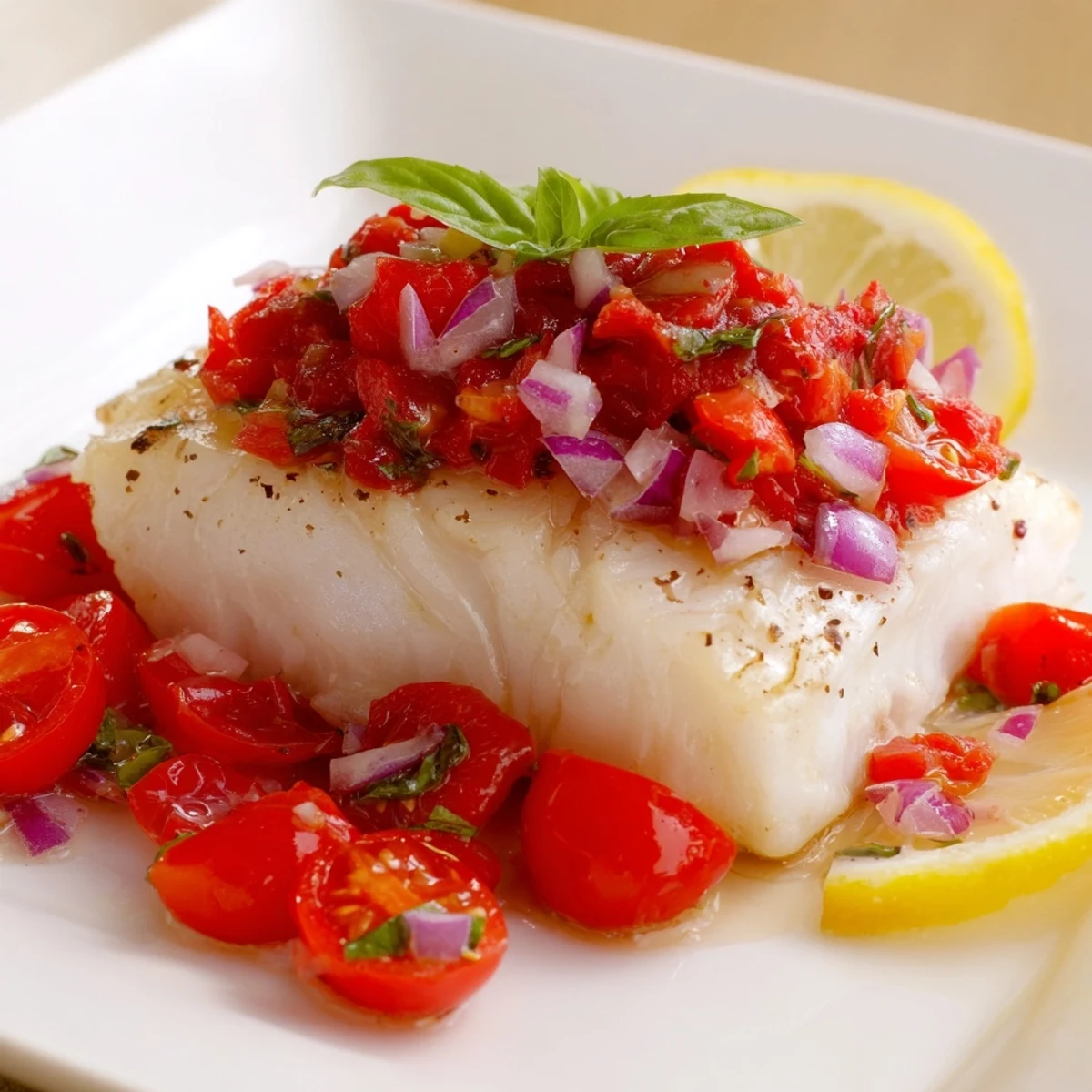 Freshly baked halibut fillets topped with vibrant tomato and basil relish, served on a white plate with lemon slices.
