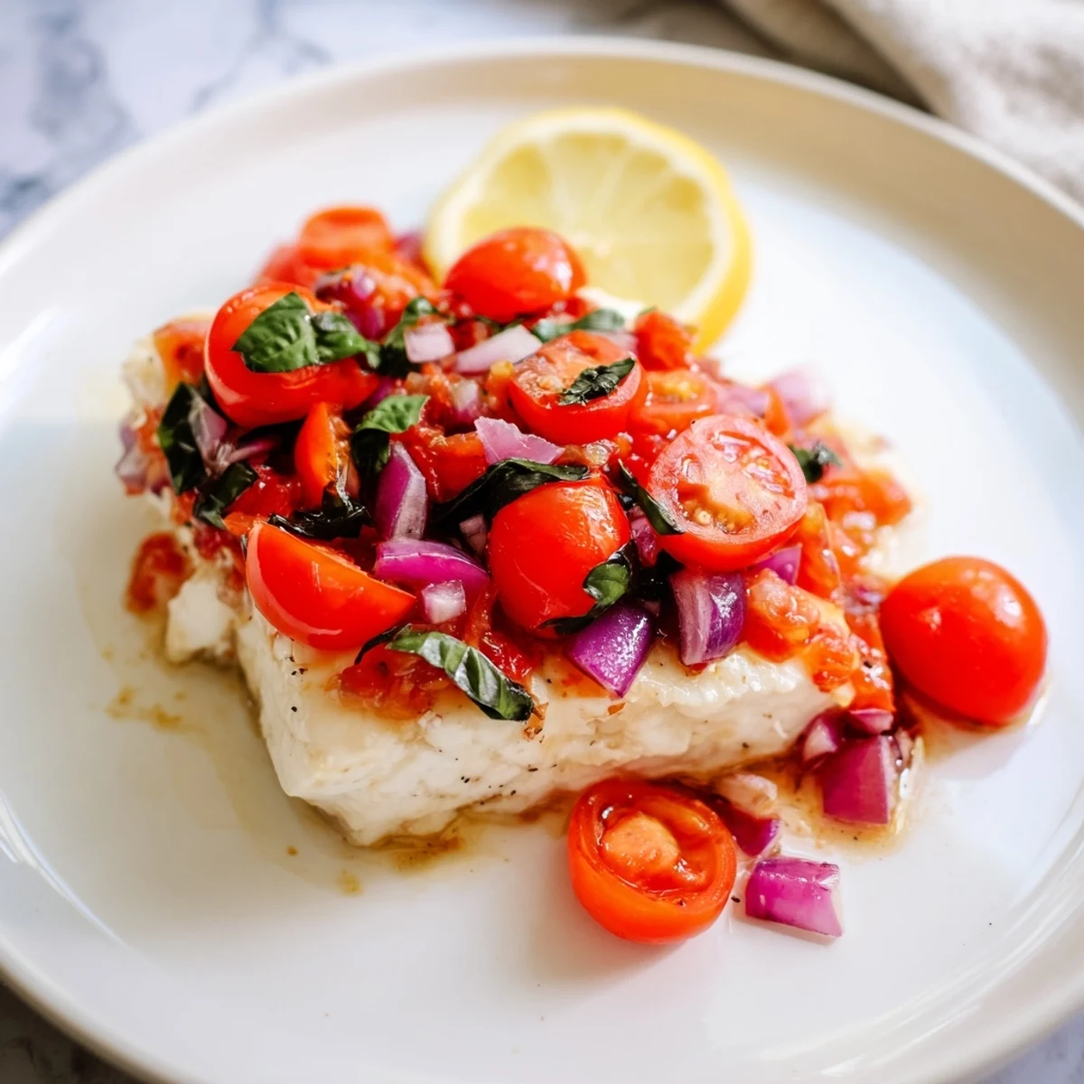 Flaky baked halibut with colorful tomato and basil relish, served alongside steamed vegetables for a healthy dinner.