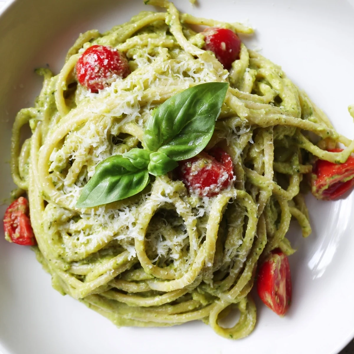 Creamy Avocado Lime Pasta with Cherry Tomatoes tossed in a vibrant green sauce, garnished with halved red tomatoes and fresh basil leaves.