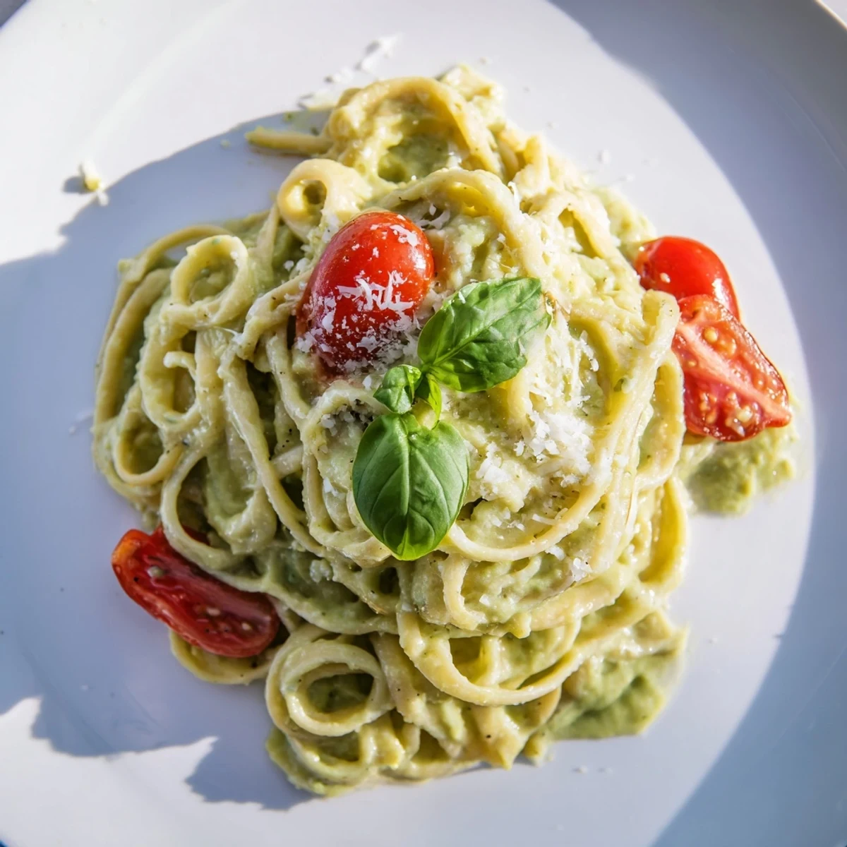 Spoon lifting a serving of Creamy Avocado Lime Pasta with Cherry Tomatoes, revealing creamy avocado sauce and juicy tomato halves.