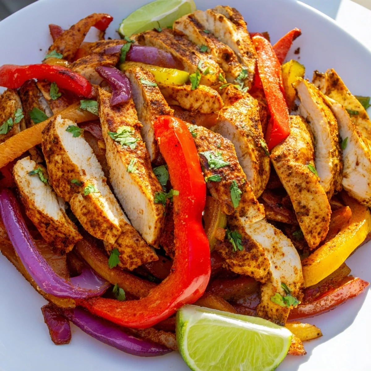 Freshly roasted Sheet Pan Chicken Fajitas with Onions, peppers, and lime wedges garnished with cilantro.