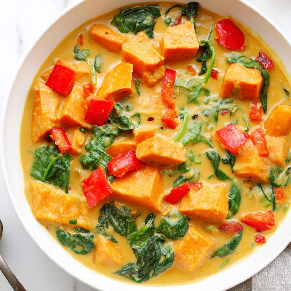 Steaming bowl of Vegan Sweet Potato Curry with Spinach, bright orange and green, garnished with cilantro.