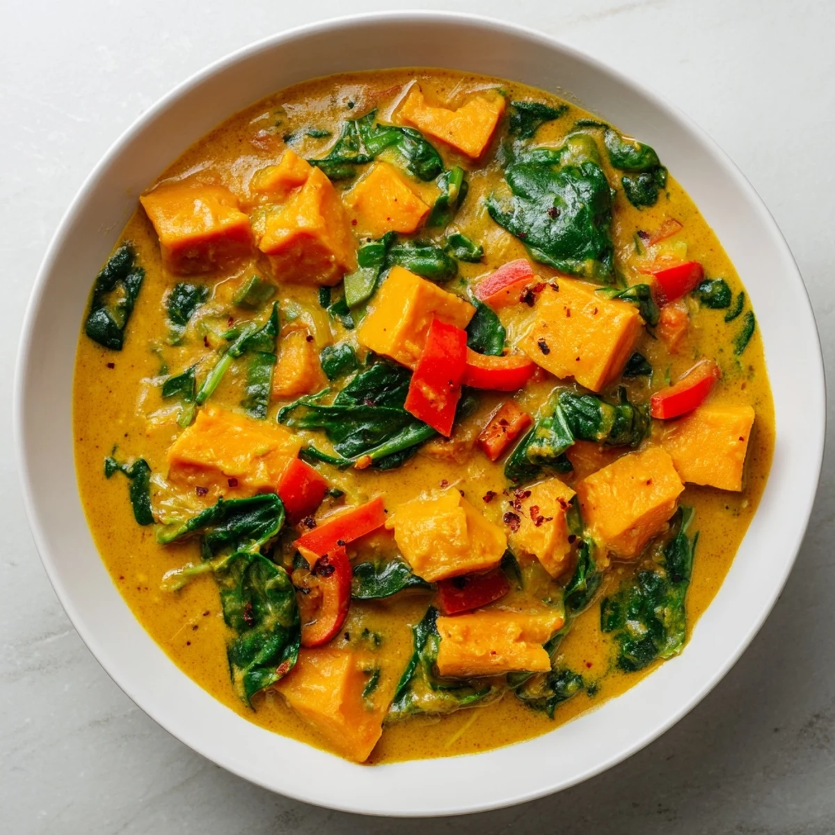 Creamy coconut milk Vegan Sweet Potato Curry with Spinach served hot over fluffy rice with lime.