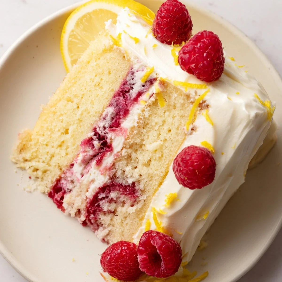 Close-up of layered Lemon Raspberry Layer Cake with Frosting reveals moist sponge and tangy lemon cream cheese frosting.