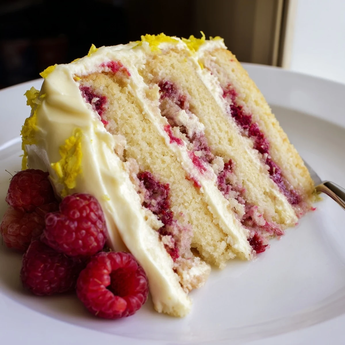 Fresh raspberries and lemon zest garnish the top of a frosted Lemon Raspberry Layer Cake with Frosting on a platter.