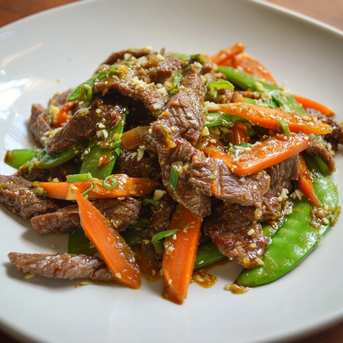 Tender strips of beef, carrots, and crisp snow peas coated in a glossy ginger sauce in a hot wok.