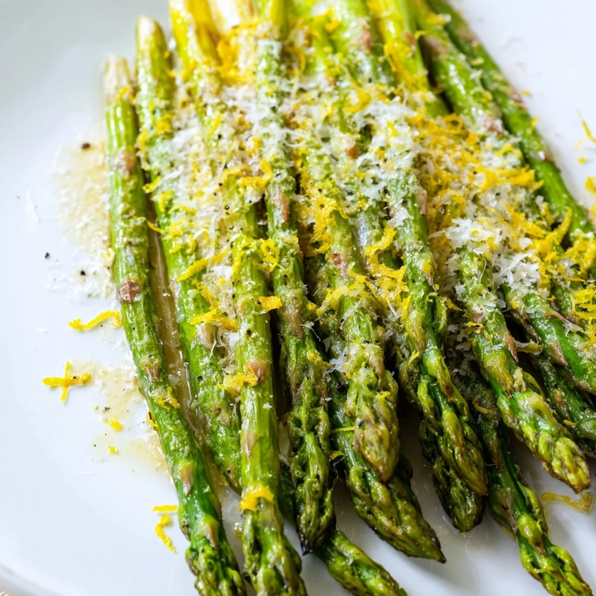 Tender spears of Roasted Asparagus with Parmesan Cheese and Lemon paired with grilled salmon for a complete meal.