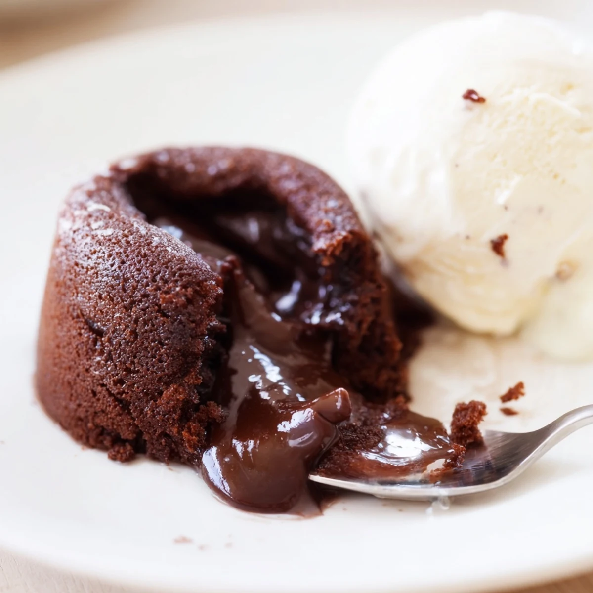 Fork cutting into a rich Chocolate Lava Cakes with Vanilla Bean Ice Cream, revealing a gooey molten chocolate center on a cozy dinner plate.