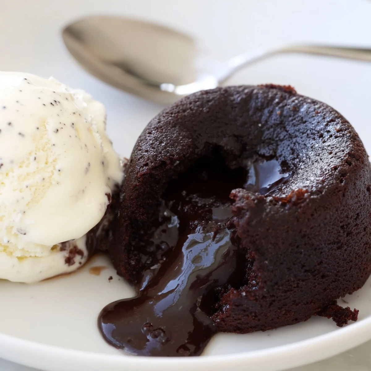 Decadent Chocolate Lava Cakes with Vanilla Bean Ice Cream dusted with powdered sugar, ready to enjoy on a rustic wooden table.