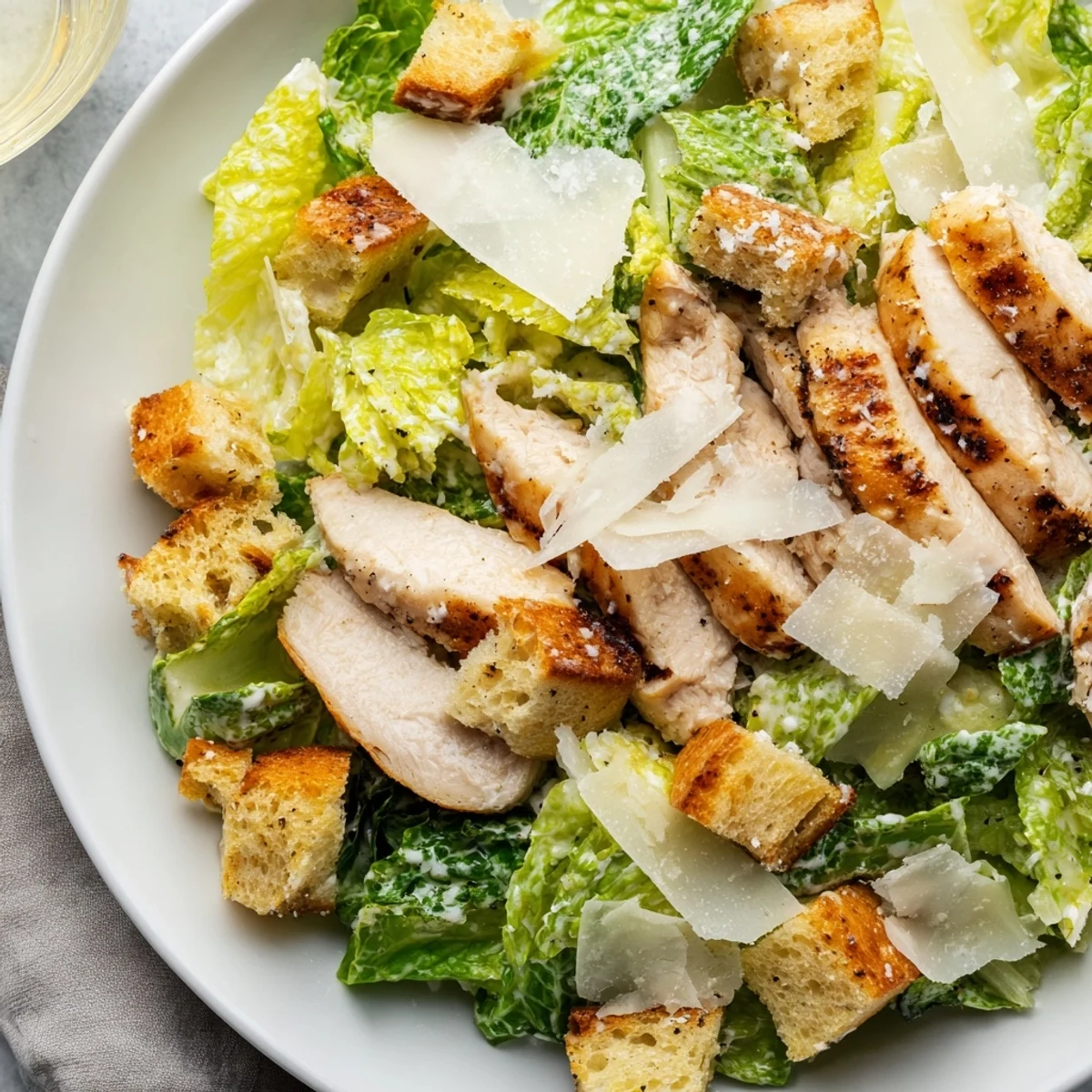 Juicy grilled chicken sits atop crisp romaine lettuce in Chicken Caesar Salad, garnished with shaved Parmesan and crunchy homemade garlic croutons.