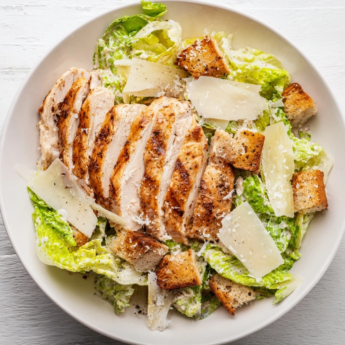 A close-up of Chicken Caesar Salad shows creamy homemade dressing coating fresh greens, golden croutons, and tender sliced chicken breast.