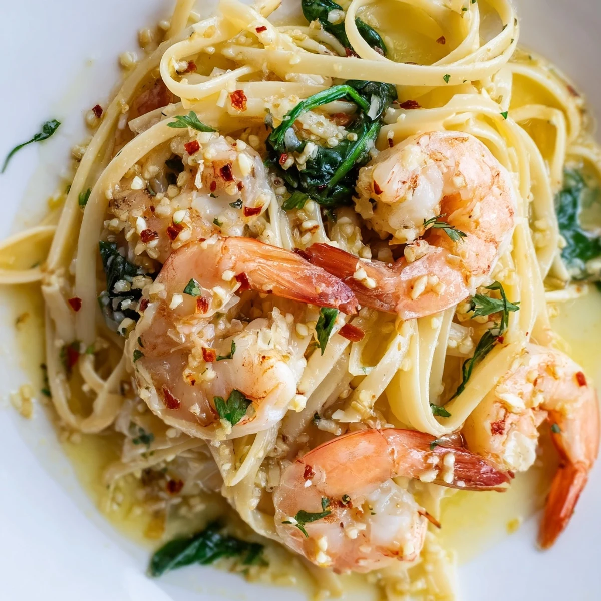 Fork-tender Lemon Garlic Shrimp Pasta with Fresh Baby Spinach glistening with olive oil and flecked with bright green spinach leaves.