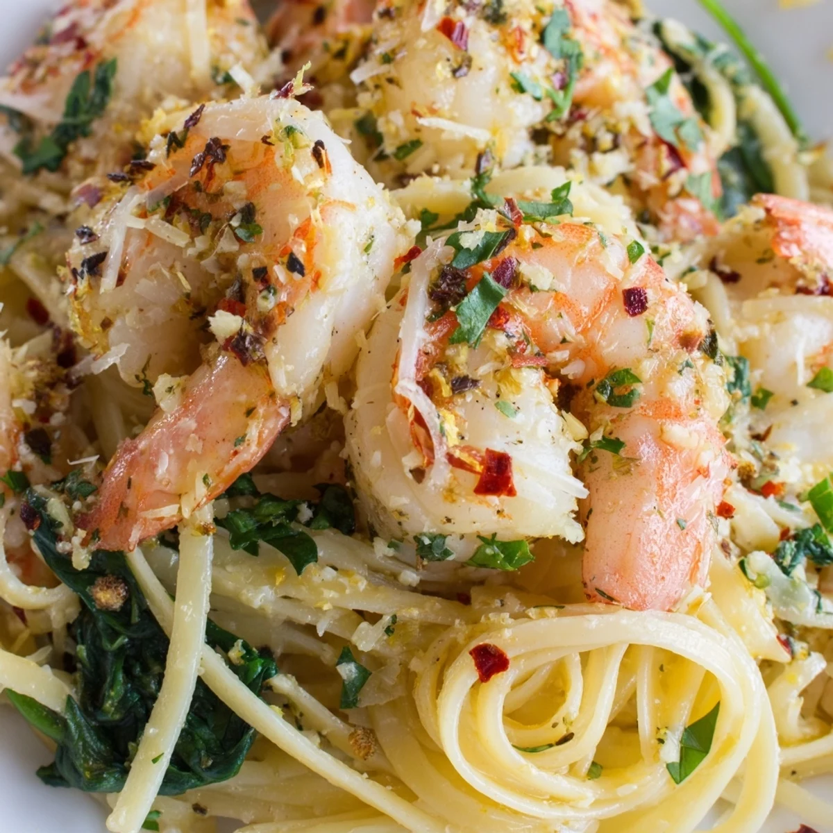 Fork-tender Lemon Garlic Shrimp Pasta with Fresh Baby Spinach twirled on a plate with Parmesan and lemon wedges for a quick weeknight dinner.