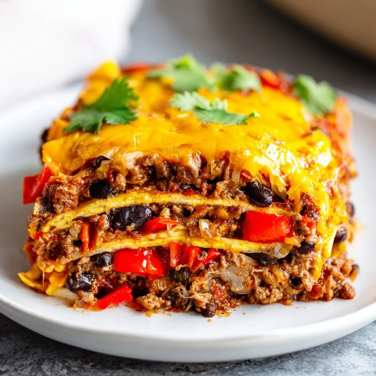 Golden, bubbly cheddar and Monterey Jack cheese tops a layered Beef Enchilada Casserole with melted perfection.