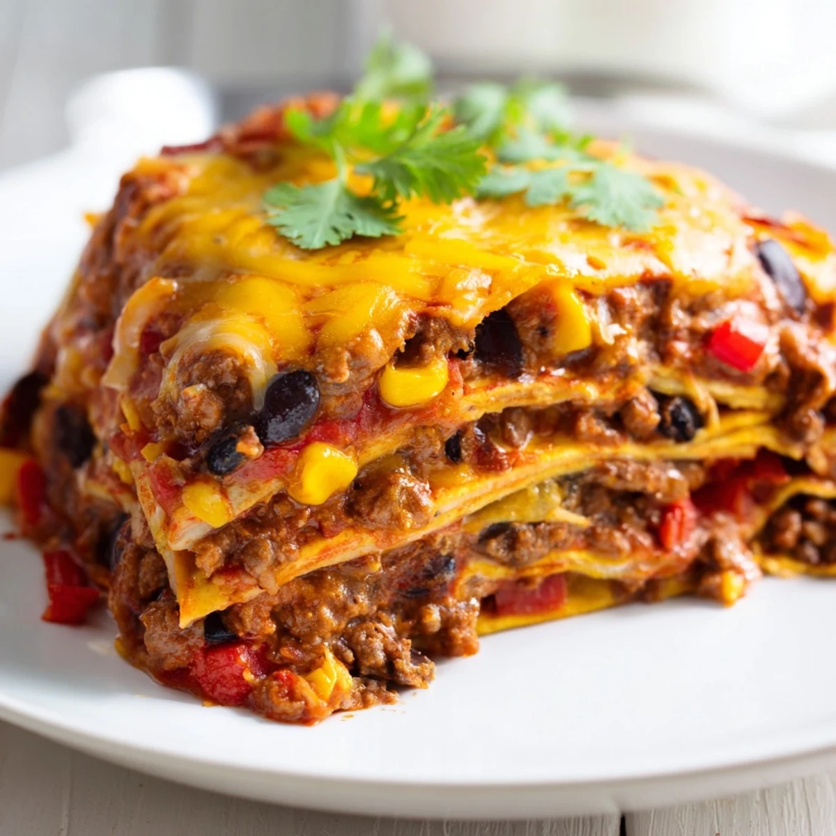 Forkful of saucy ground beef and tender corn tortillas rises from a freshly baked Beef Enchilada Casserole.