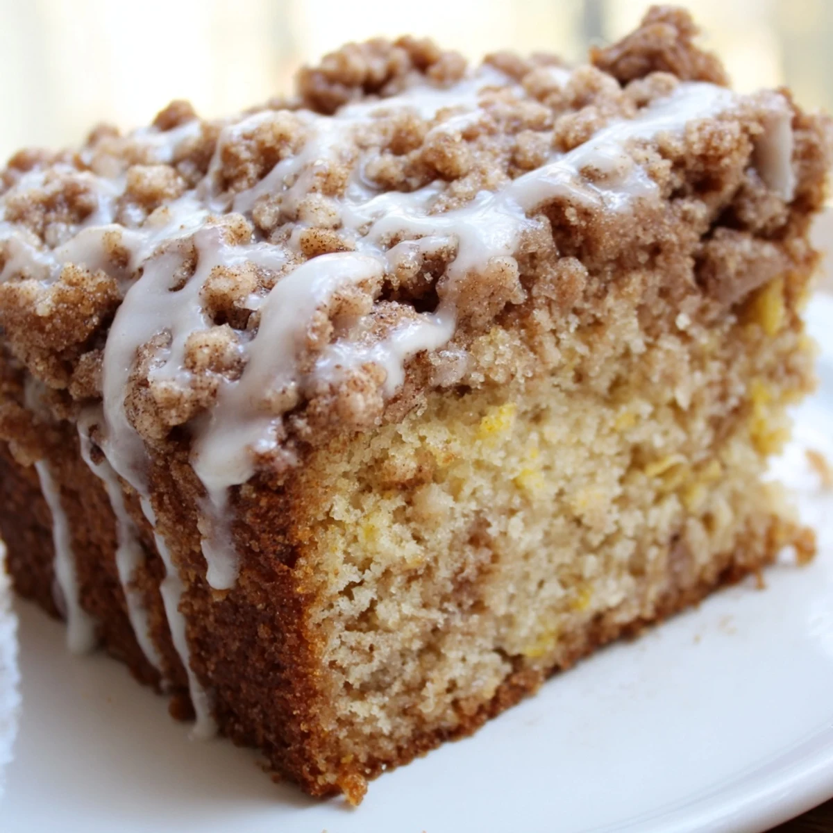 Freshly glazed Lemon Coffee Cake with Cinnamon Crumble, showcasing a bright sugar drizzle over a moist, golden-brown slice. 