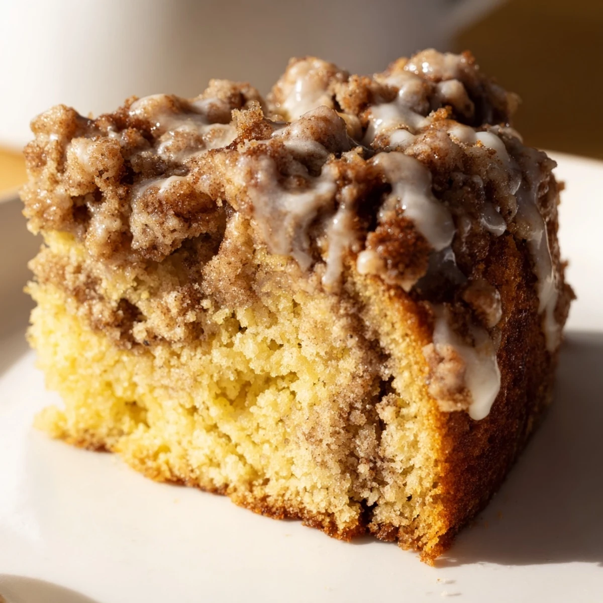 Homemade Lemon Coffee Cake with Cinnamon Crumble resting on a cooling rack, featuring a golden crumble topping and zest garnish.