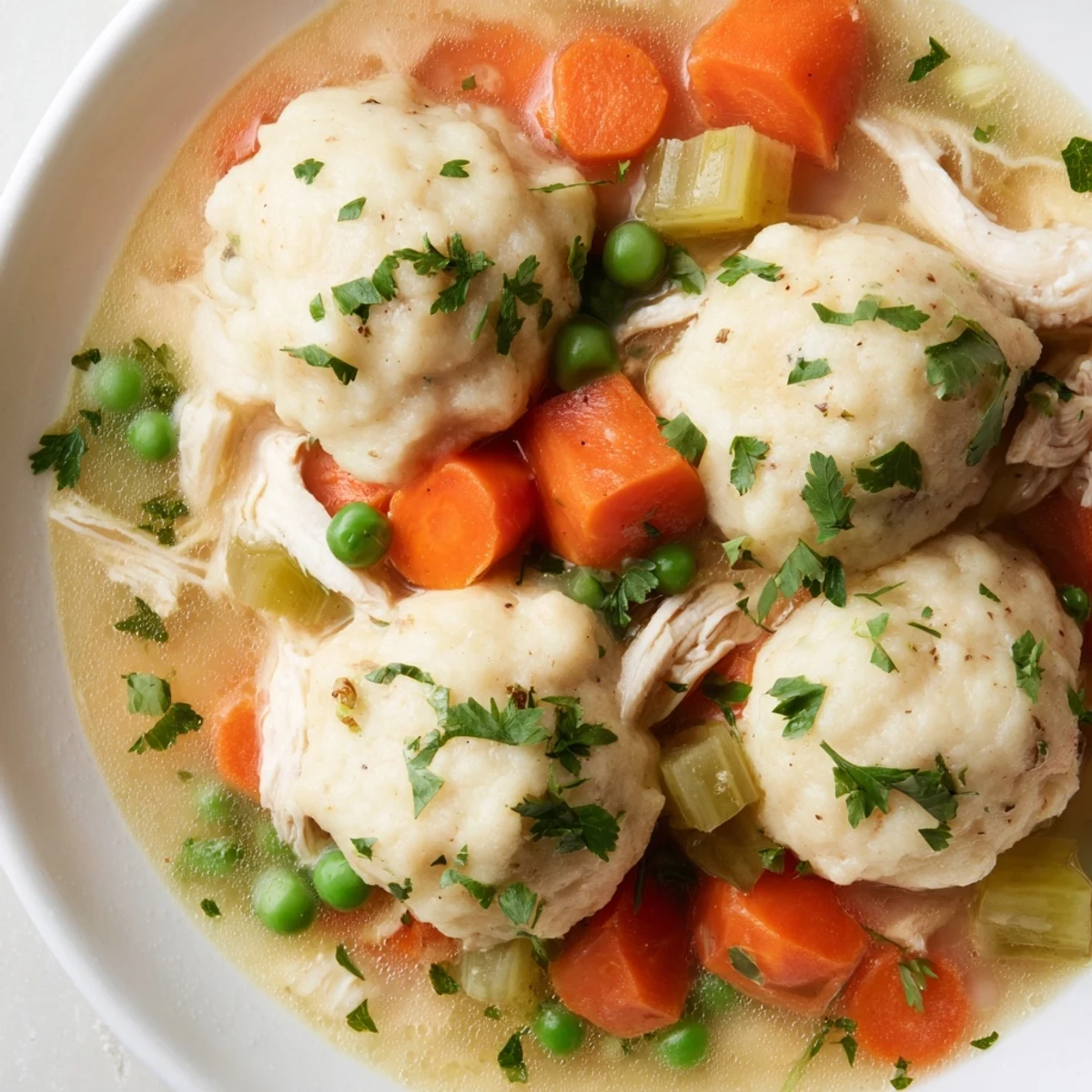 Hearty chicken soup with fluffy dumplings simmering in a Dutch pot, steam rising.