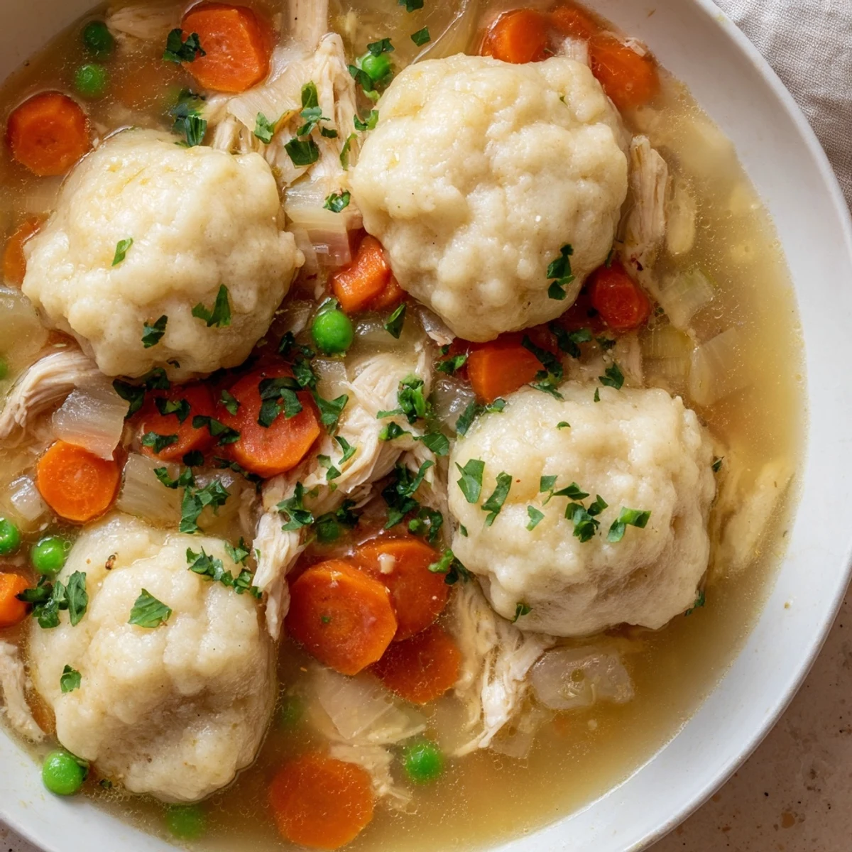 Warm chicken soup with fluffy dumplings served in a rustic bowl for cozy evenings.