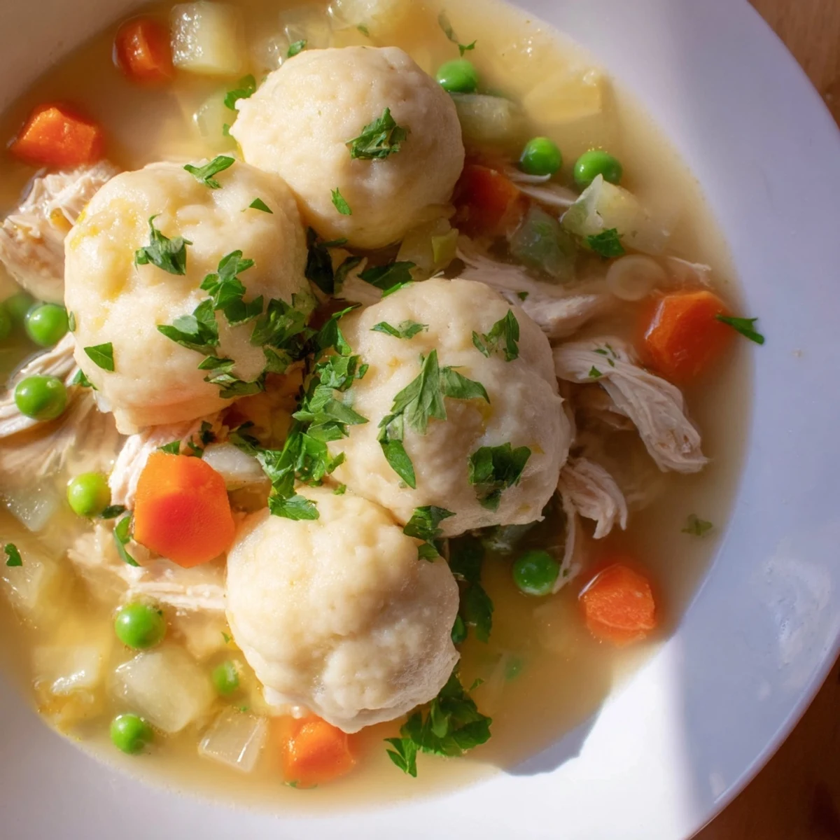 Freshly cooked chicken soup with fluffy dumplings garnished with parsley and peas.