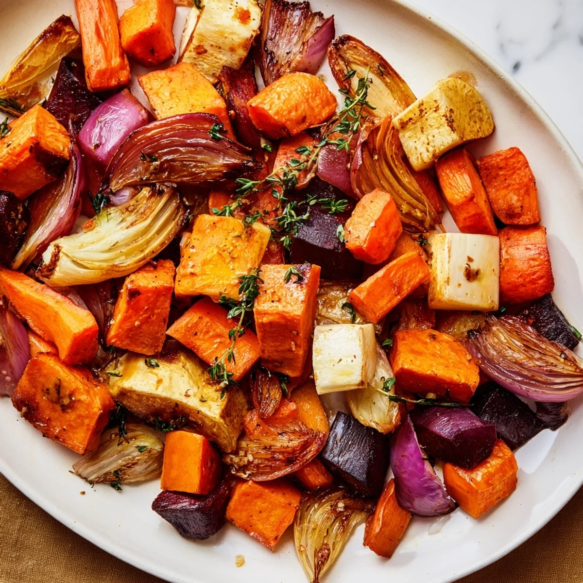 Golden caramelized Roasted Root Vegetables with Thyme on a baking sheet, showcasing carrots, parsnips, and sweet potatoes.