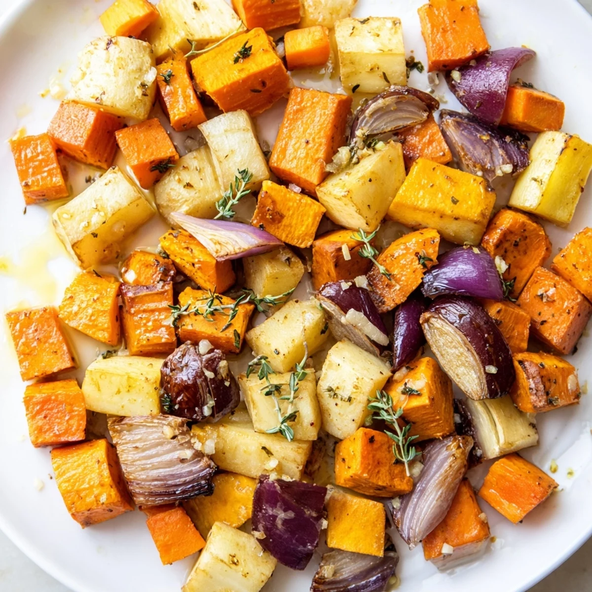 A rustic serving of Roasted Root Vegetables with Thyme alongside a plated Sunday roast chicken for a family dinner.