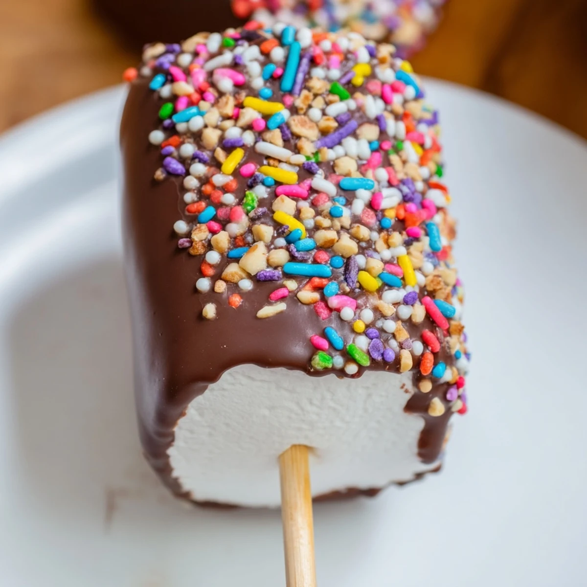 Freshly dipped chocolate marshmallows on a stick, set on parchment and ready for a party dessert table.