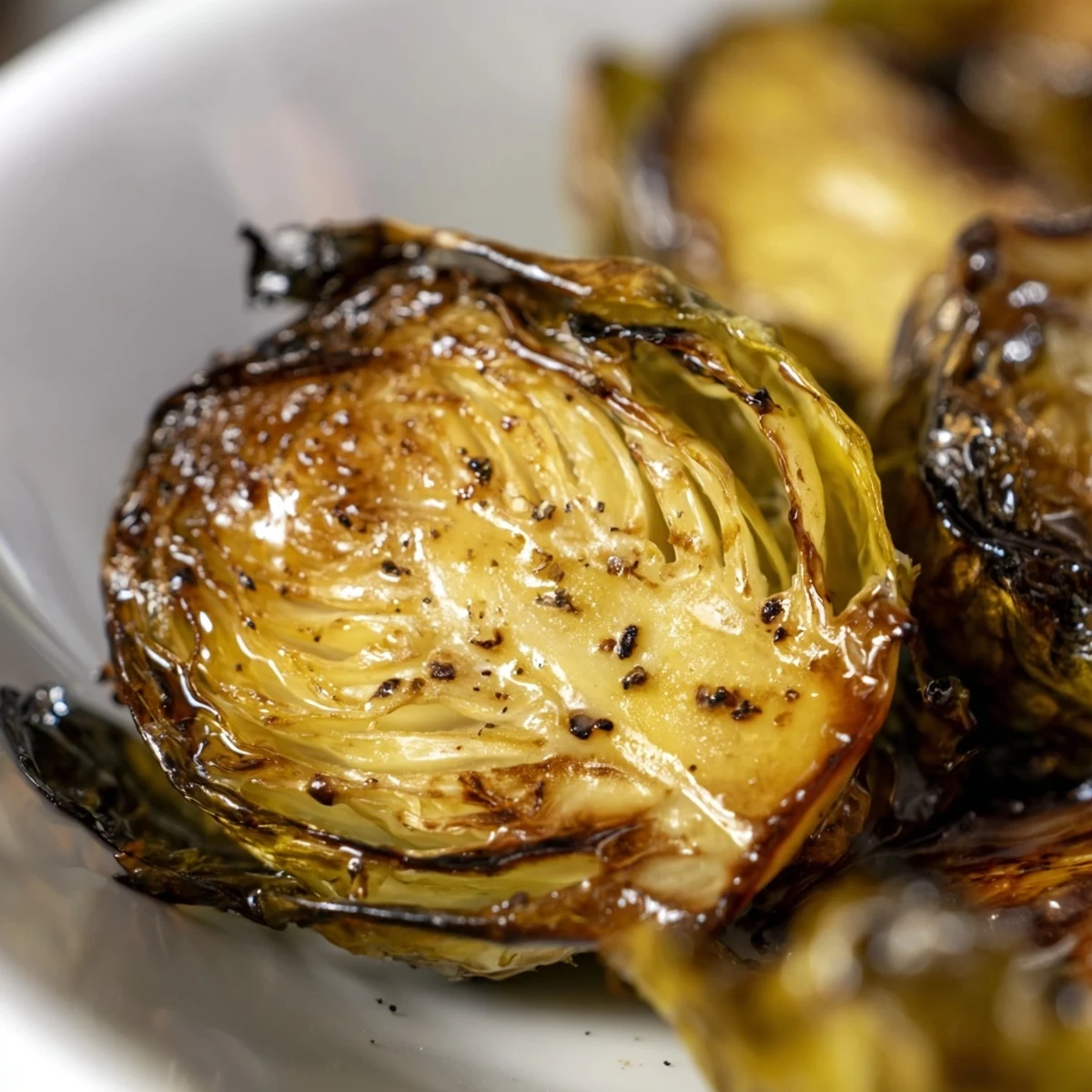 Golden, crispy Roasted Brussels Sprouts with Balsamic glistening on a rustic wooden plate. A perfect vegetarian side dish for any dinner.