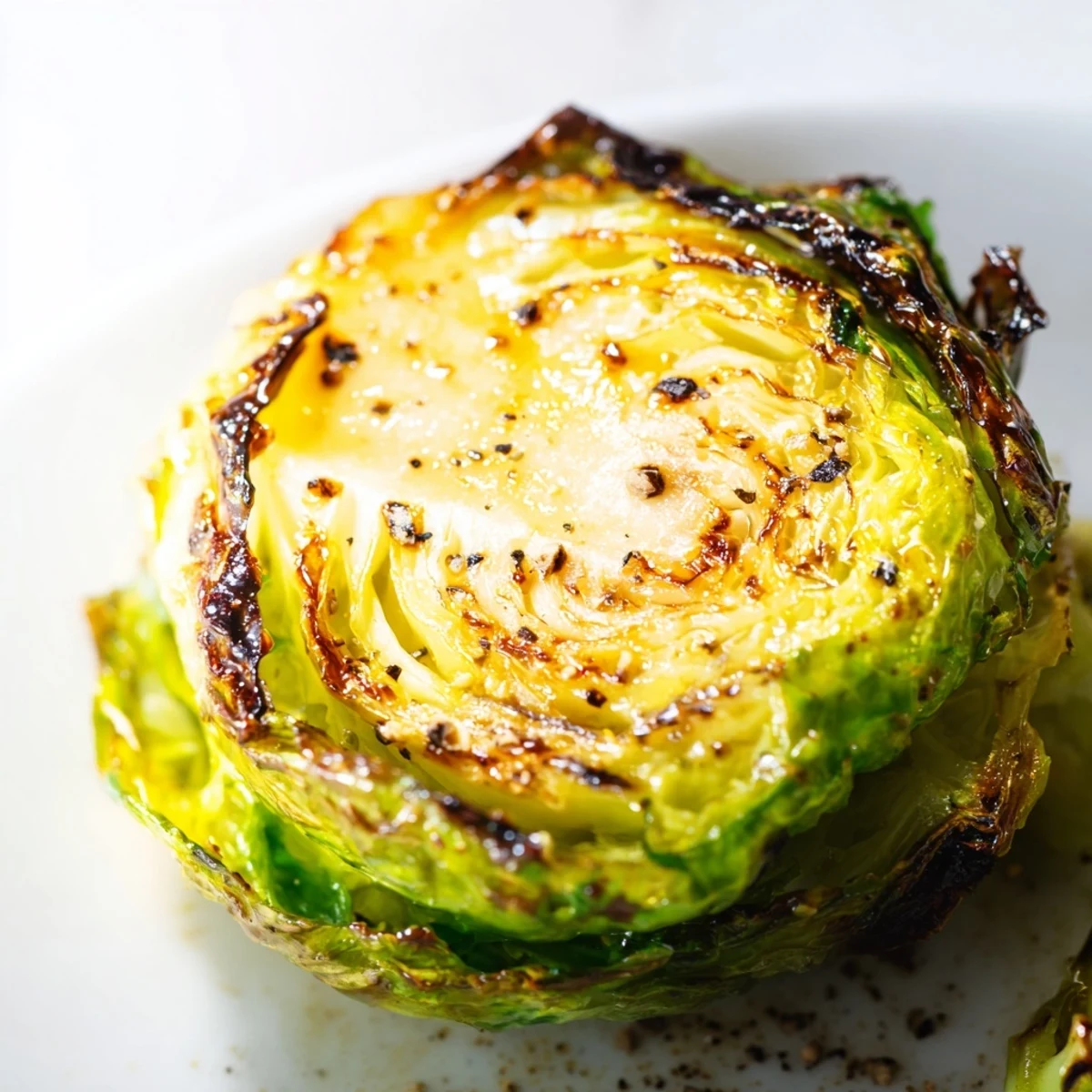 Close-up of caramelized Roasted Brussels Sprouts with Balsamic glaze and optional chopped pecans, highlighting their crispy outer leaves.