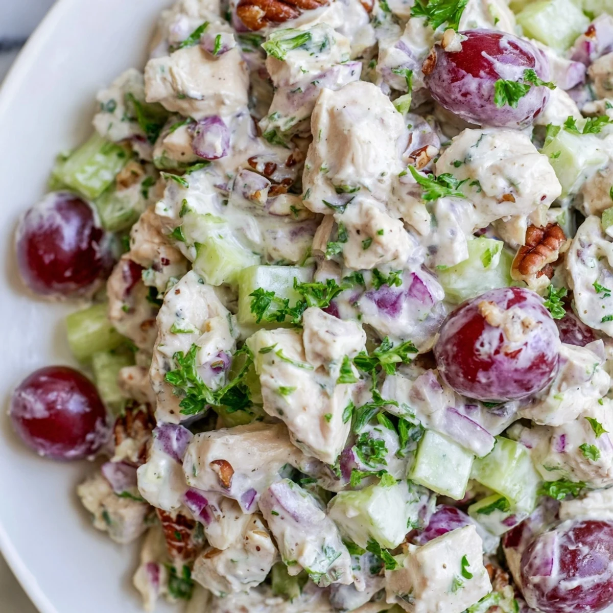 Vibrant bowl of Chicken Salad with Pecans featuring juicy diced chicken, crisp celery, halved red grapes, and crunchy pecans tossed in creamy dressing.  
