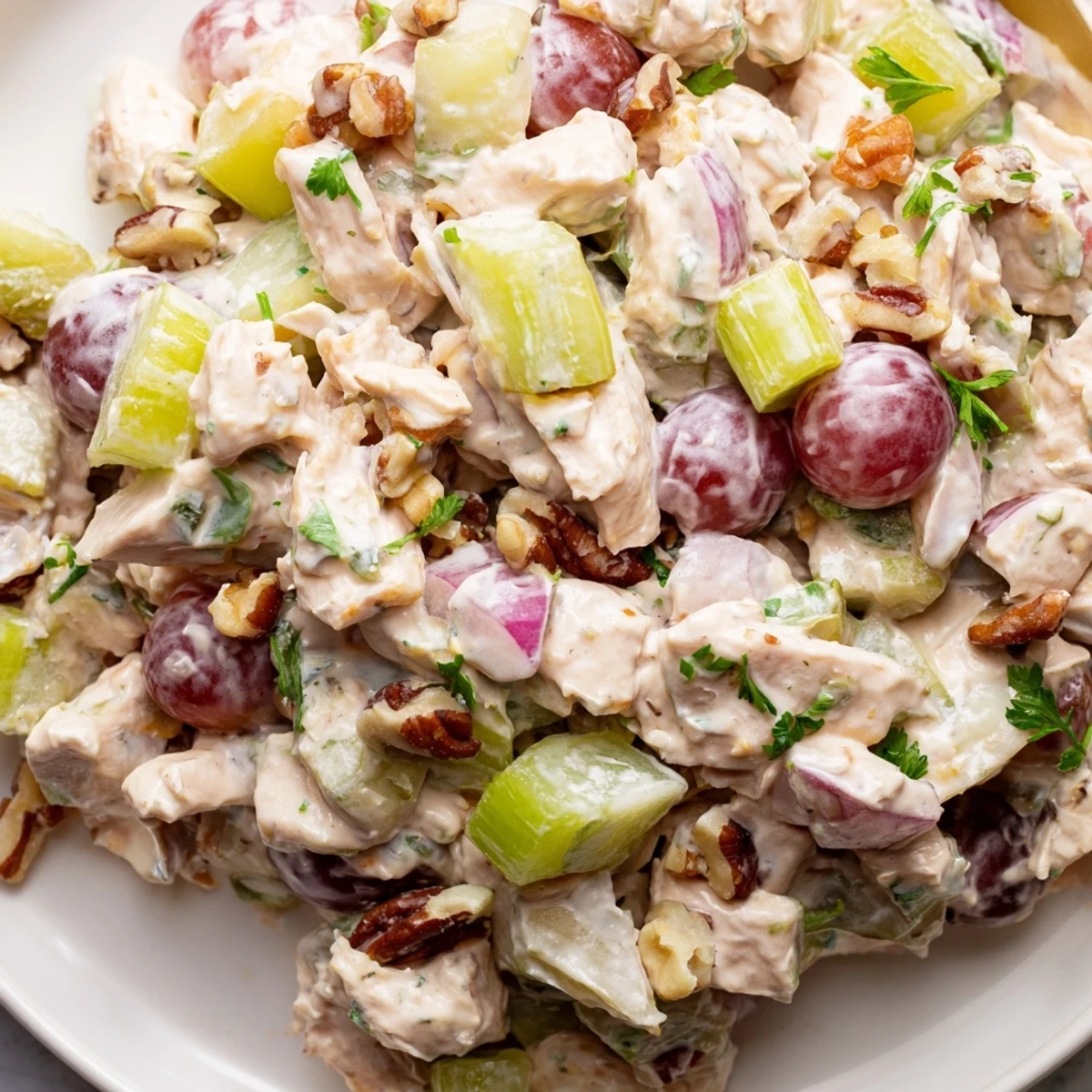 Homemade Chicken Salad with Pecans in a rustic bowl, garnished with halved grapes and pecans, ready for sandwiches or crackers at a picnic.