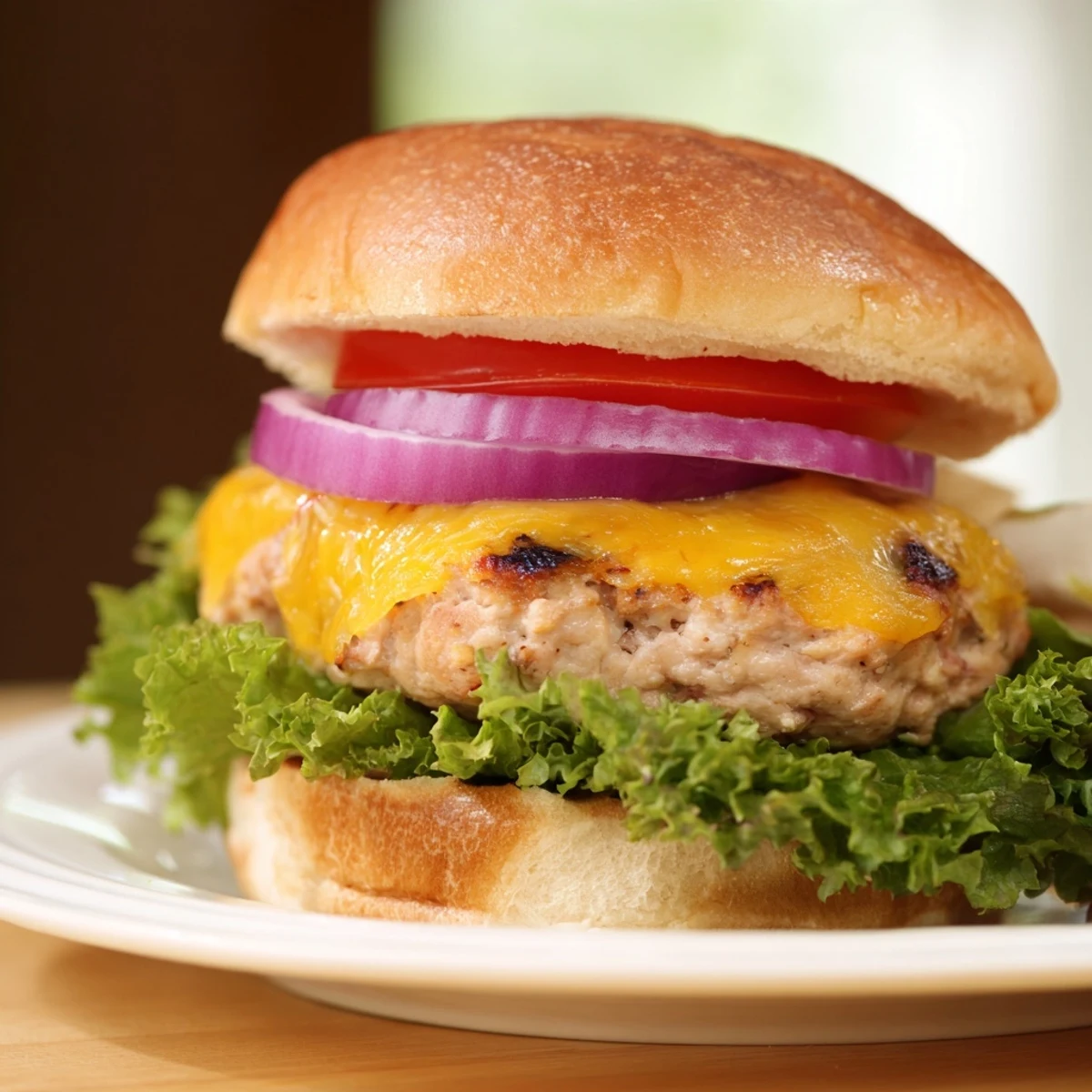 A juicy Turkey Burger with Cheese sits on a toasted bun, layered with crisp lettuce and tomato slices.