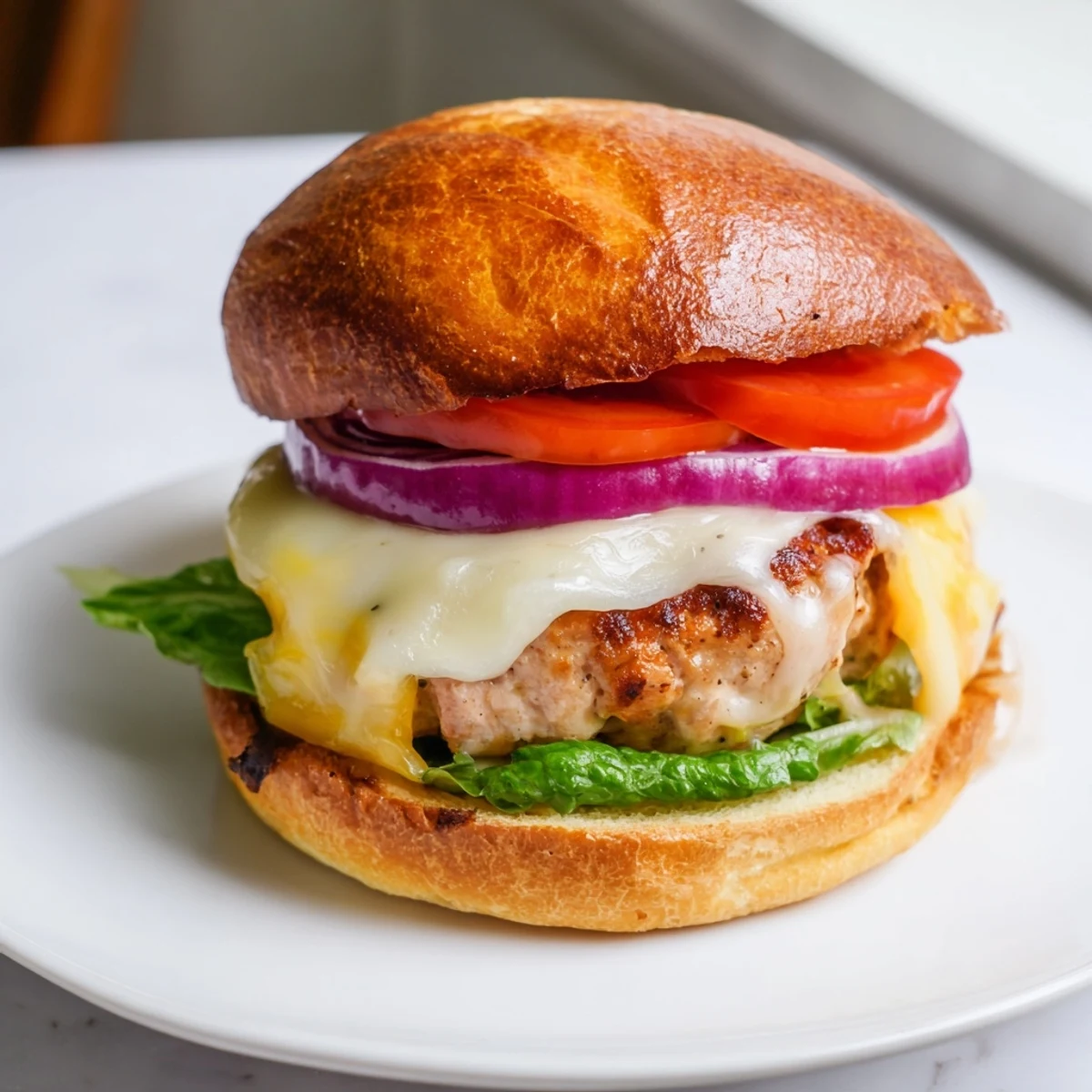 Close-up of a Turkey Burger with Cheese, its melted cheddar oozing over a golden-brown patty on a plate.