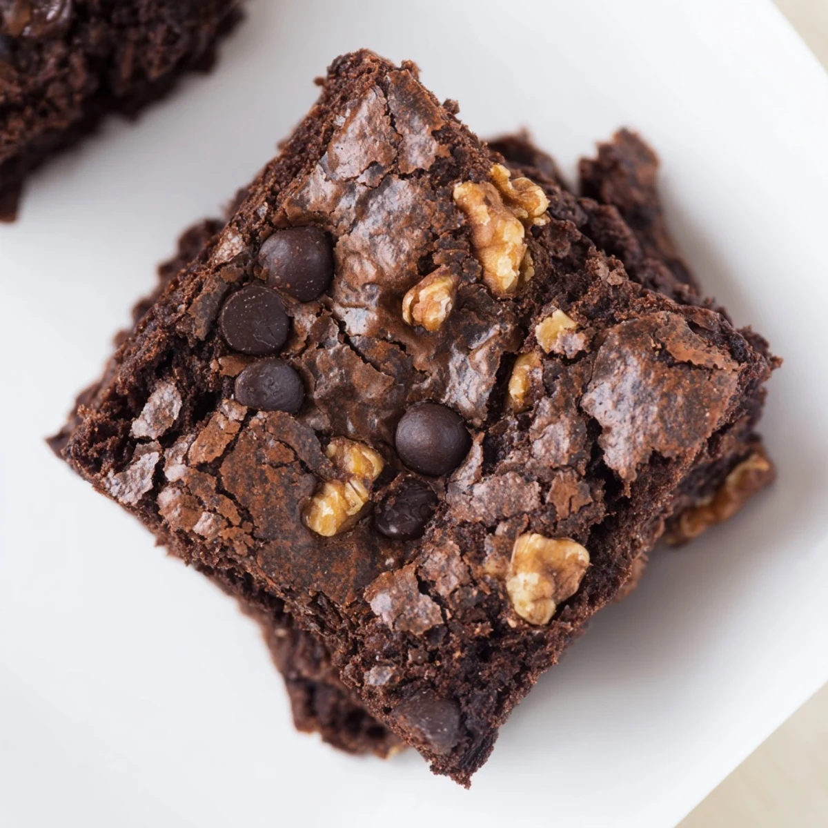 Freshly baked Chocolate Brownies cut into squares, revealing a dense, moist crumb and rich dark chocolate with chopped walnuts.