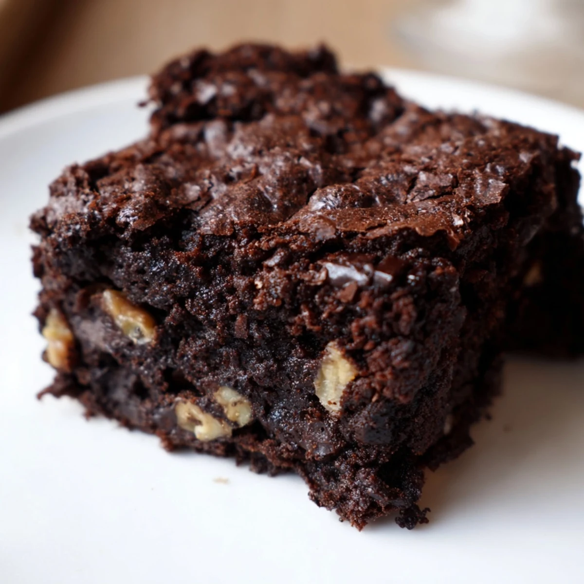 A close-up of Chocolate Brownies with a glossy, crackly top and fudgy center, served warm with vanilla ice cream melting on top.