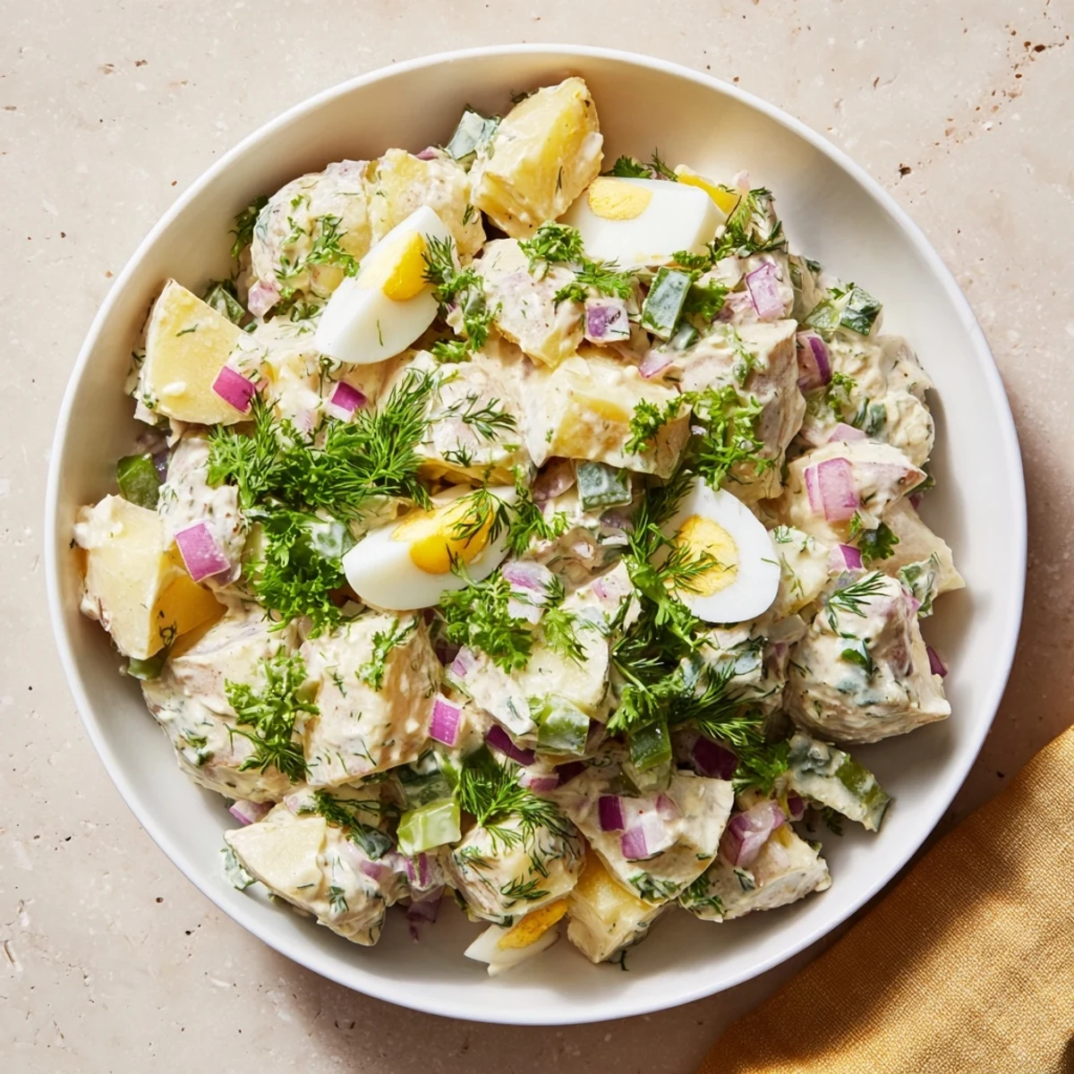A close-up of creamy potato salad with chopped celery, red onion, hard-boiled eggs, and fresh parsley in a rustic bowl, perfect for a barbecue side dish.  