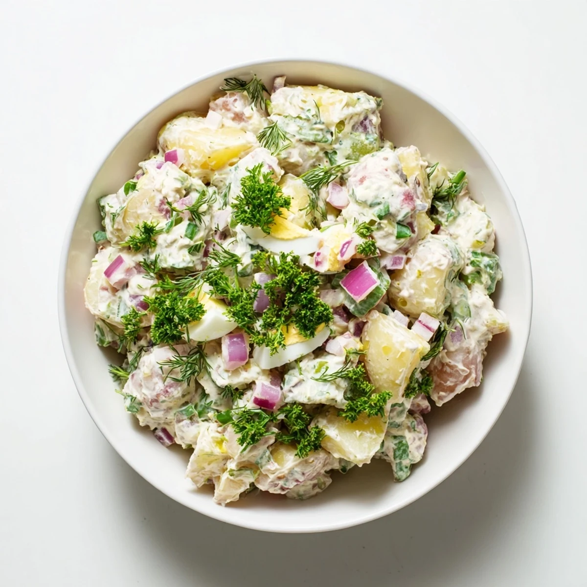 A chilled bowl of homemade creamy potato salad garnished with dill pickles and parsley, ready to serve alongside grilled meats at a summer cookout.