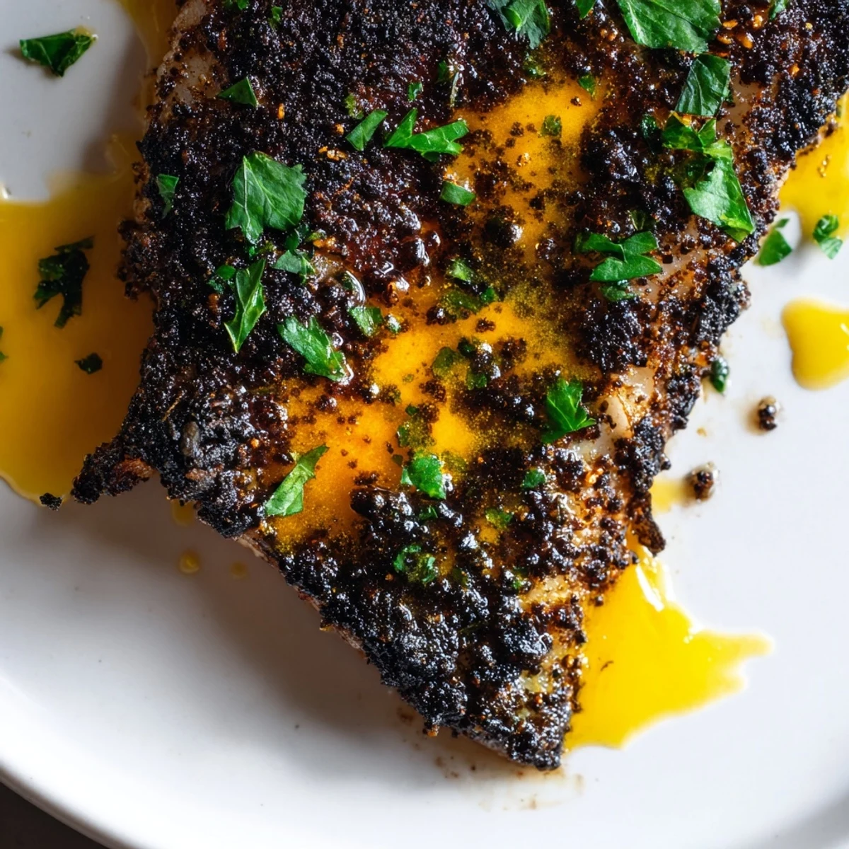 A close-up view of four perfectly seared blackened catfish fillets, with a side of steamed rice and sautéed greens for a complete Southern meal.  