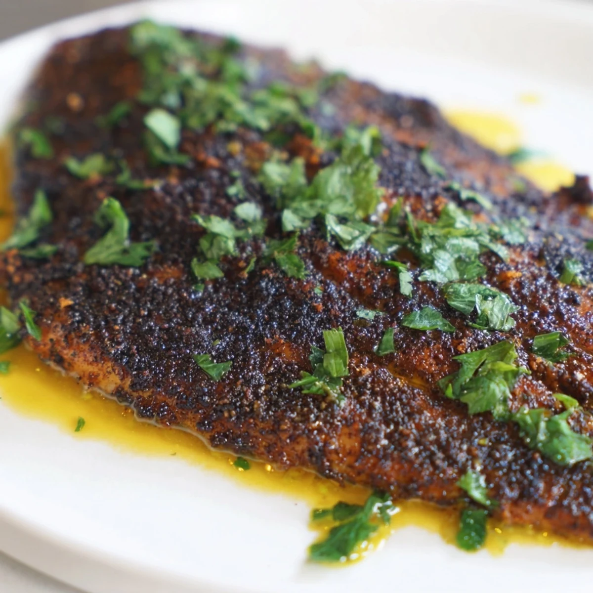 Golden-brown blackened catfish fillets resting on a white plate, drizzled with a vibrant lemon butter sauce and garnished with fresh parsley.  