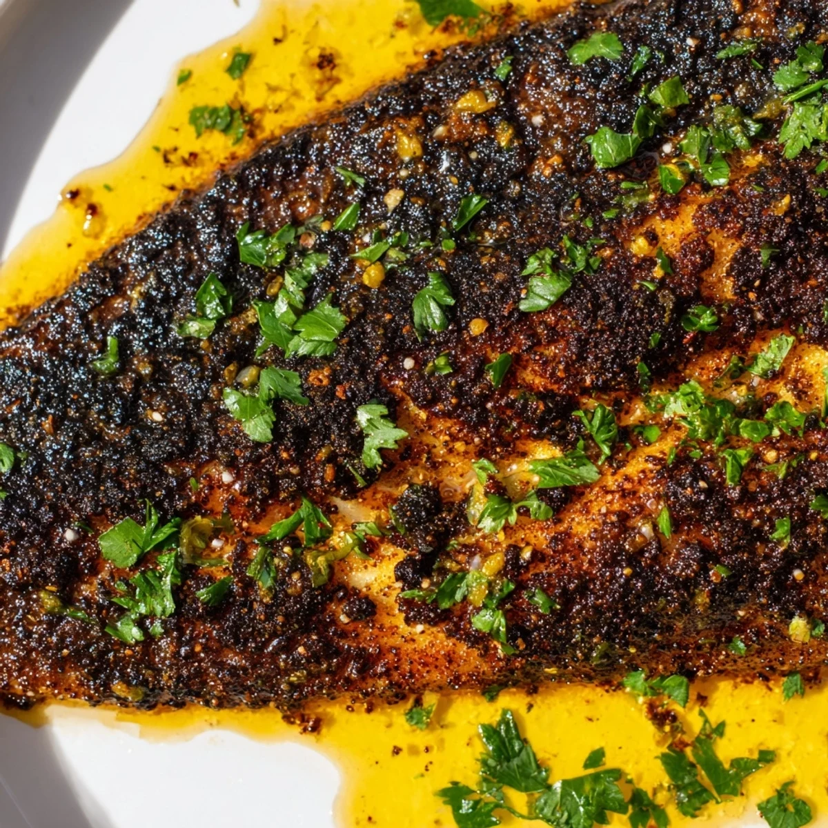 Overhead shot of seasoned blackened catfish fillets in a hot cast iron skillet, showcasing the aromatic spices and sizzling texture before serving.