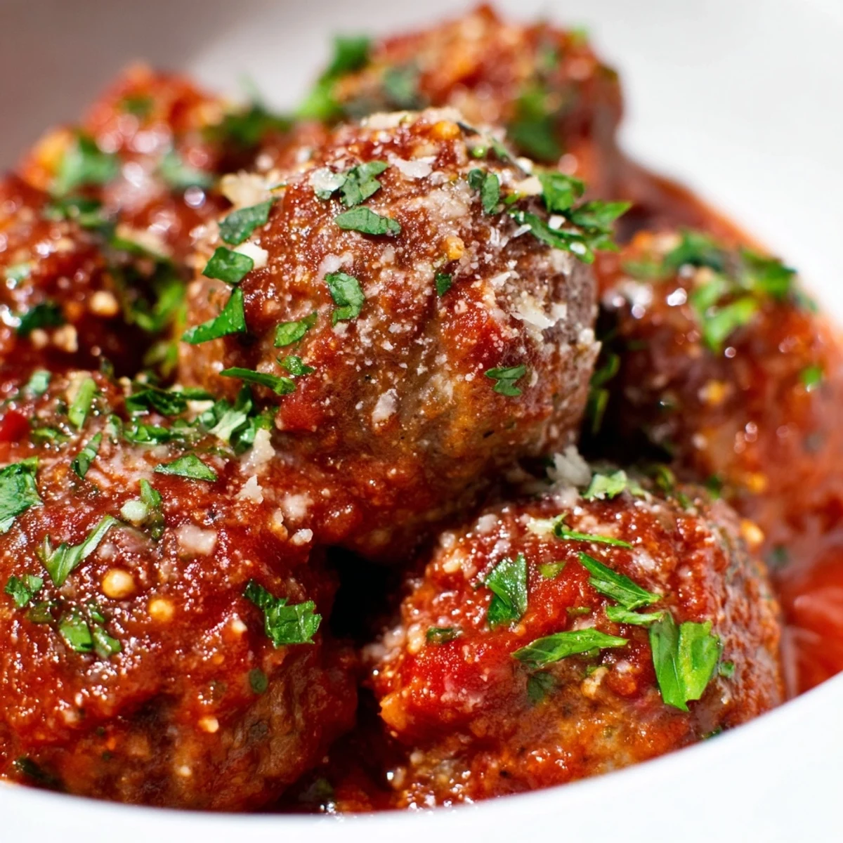Golden-brown turkey meatballs simmering in a rich, herb-infused marinara sauce in a cast-iron skillet.