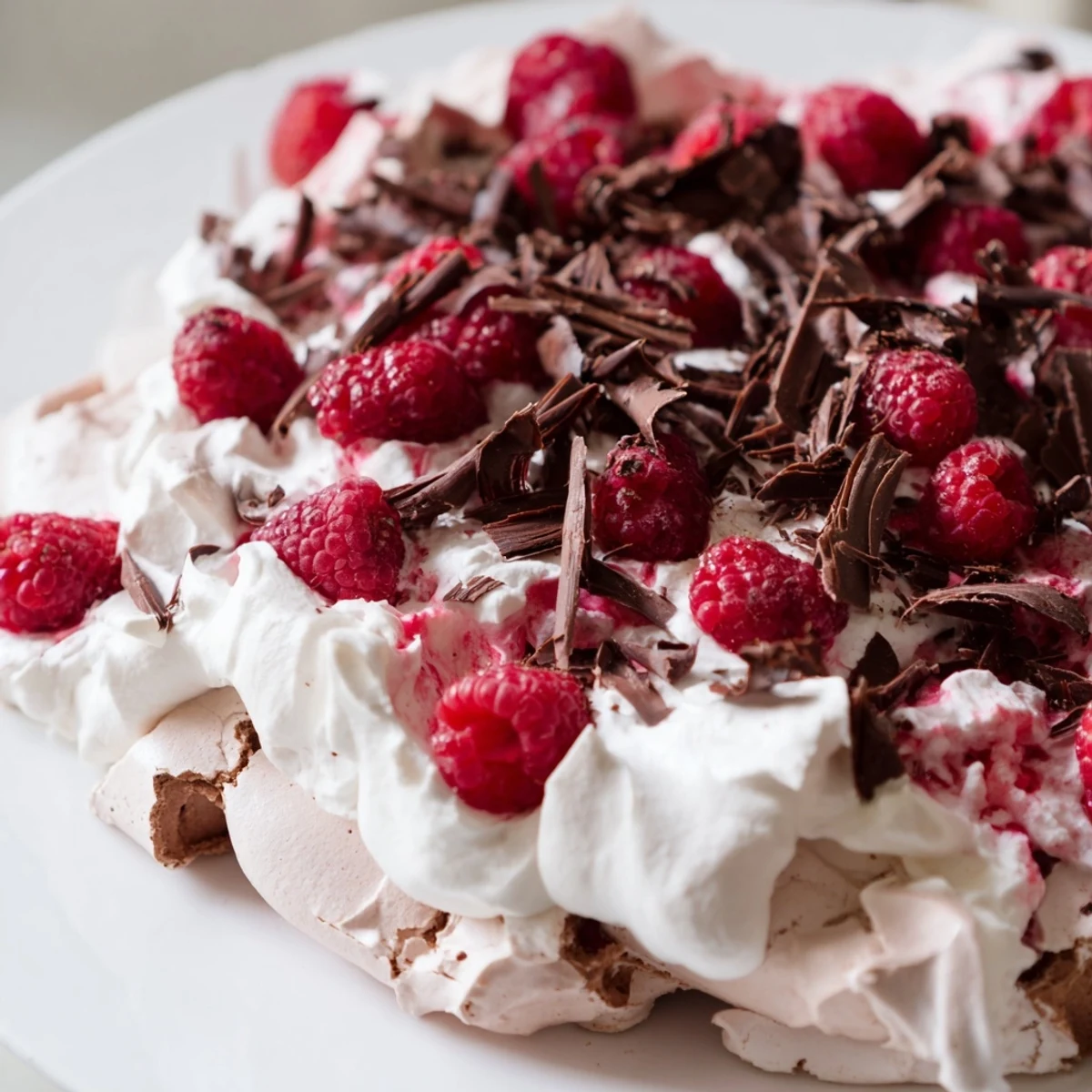 Chocolate raspberry pavlova dessert topped with whipped cream and raspberries, served on a rustic wooden table.