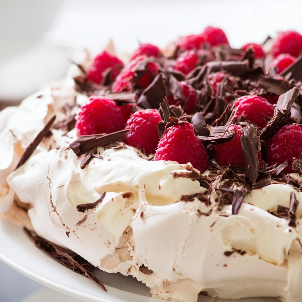 A stunning chocolate raspberry pavlova with glossy meringue, sweet cream, and vibrant red raspberries for a special occasion.