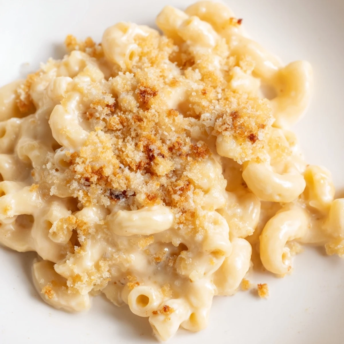 Creamy Baked Macaroni and Cheese with Breadcrumbs served in a rustic dish, showcasing golden, crunchy crumbs over melted cheddar.