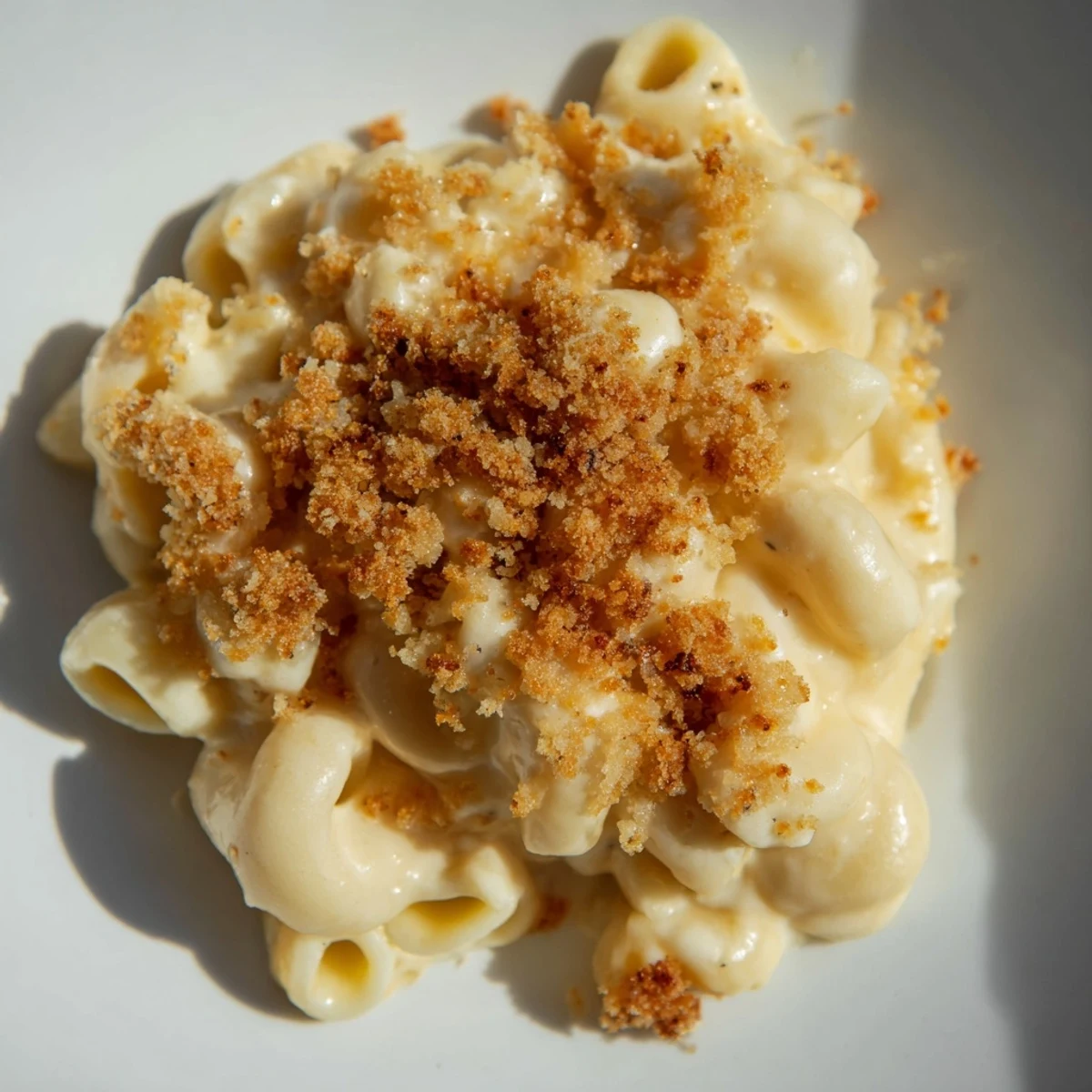 Freshly baked Baked Macaroni and Cheese with Breadcrumbs, featuring a bubbly, cheesy interior and a perfectly browned, crisp topping.
