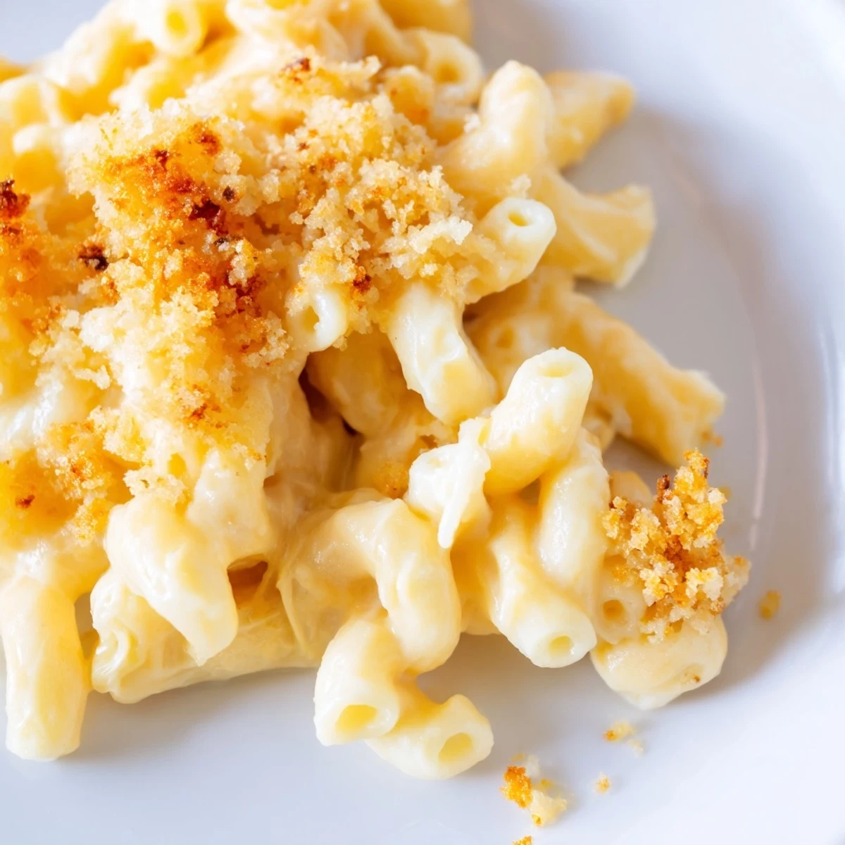 A comforting serving of Baked Macaroni and Cheese with Breadcrumbs, garnished with fresh parsley and ready to enjoy as a main dish.